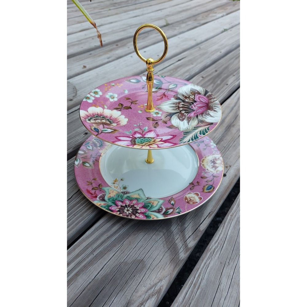 RARE Grace Teaware PINK Floral Peacock Lotus Garden Tiered Platter Cupcake Stand
